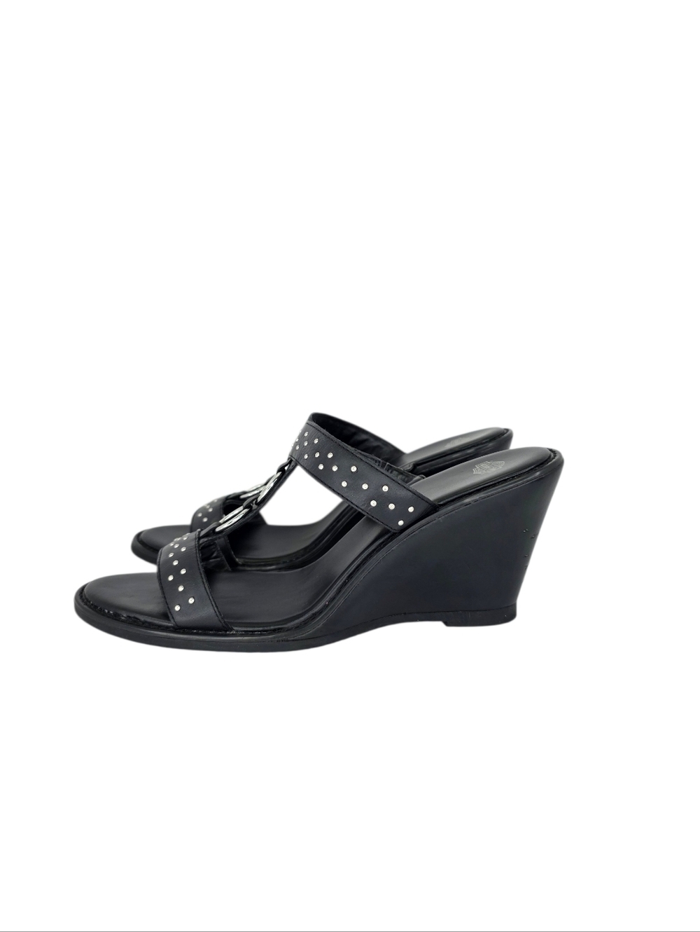 Harley Davidson Monica Women's Black Double Strap Silver Wedge Sandals Size 10M